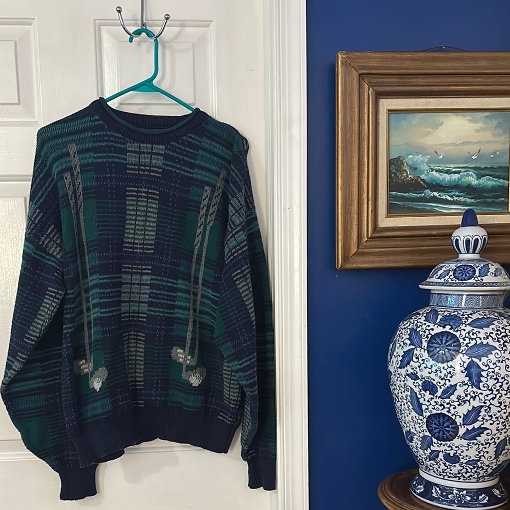 Men’s Vintage Made in USA Isle of Cotton Green & Blue Golf Crewneck Sweater XL